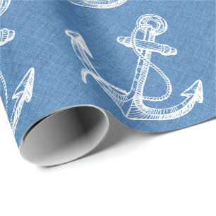 Weißer Nautic Boat Anchor Blue Linen Geschenkpapier