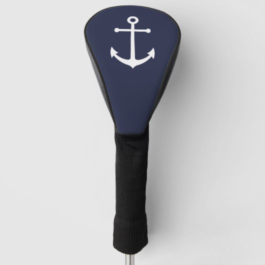 Weißer Nautik-Anker auf Navy Blue Golf Headcover (Vorderseite)