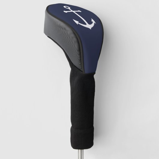 Weißer Nautik-Anker auf Navy Blue Golf Headcover (angewinkelt)