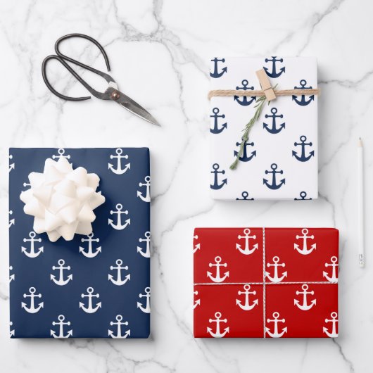 Weißer Nautikanker auf marineblarem Hintergrund Geschenkpapier Set (Vorderseite)