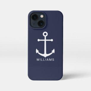 Weißer Nautikanker und Individuelle Name auf Navy  iPhone 13 Mini Hülle