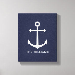 Weißer Nautikanker und Individuelle Name auf Navy Leinwanddruck