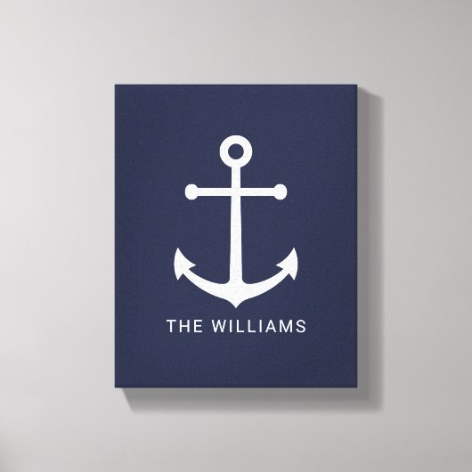 Weißer Nautikanker und Individuelle Name auf Navy Leinwanddruck (Vorderseite)