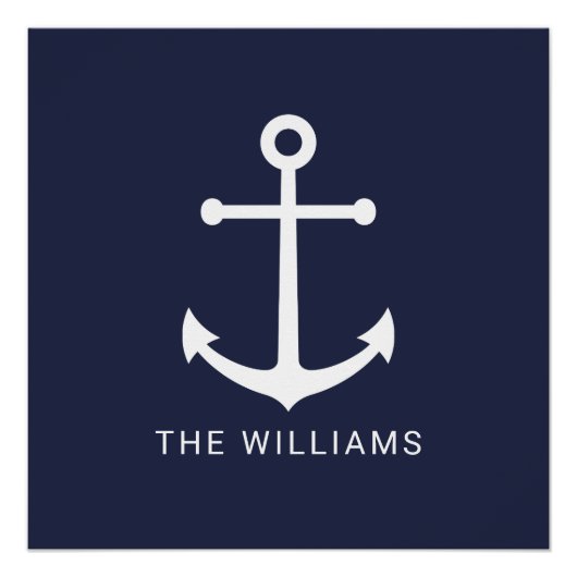 Weißer Nautikanker und Individuelle Name auf Navy Poster (Vorderseite)