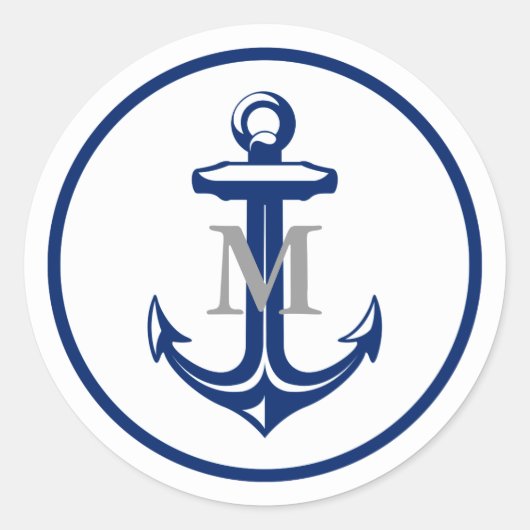 Weißer Navy Blauer Anchor | MIT MONOGRAMM Runder Aufkleber (Vorderseite)