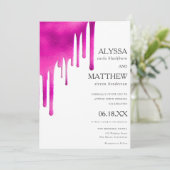 Weißer Neon Rosa Wasserfarben Tropfen Hochzeit Einladung (Stehend Vorderseite)