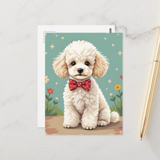 Weißer niedlicher Pudel mit Fliege Postkarte (Vorderseite/Rückseite Beispiel)