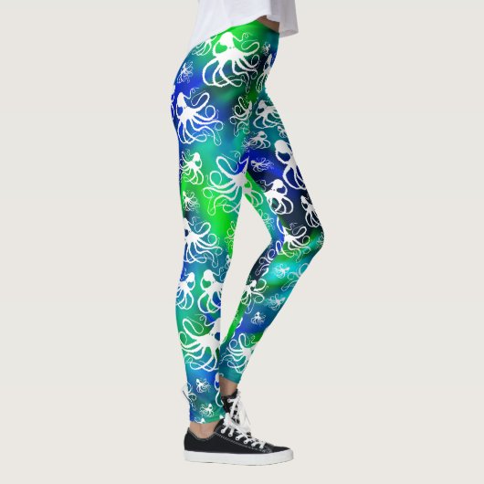 Weißer Oktopus auf blaugrünen Leggings (Rechts)