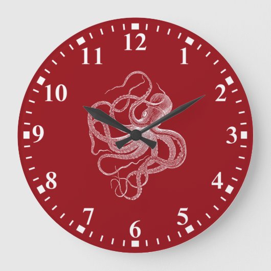 Weißer Oktopus auf dunkelroter Großuhr Große Wanduhr (Vorderseite)