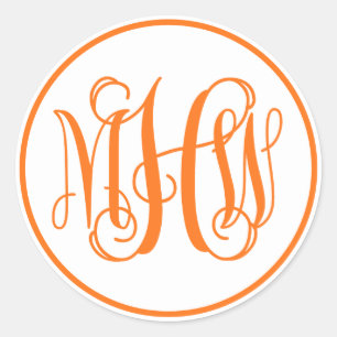 Weißer Orange Weinrebe Skript Monogramm-Schriftart Runder Aufkleber