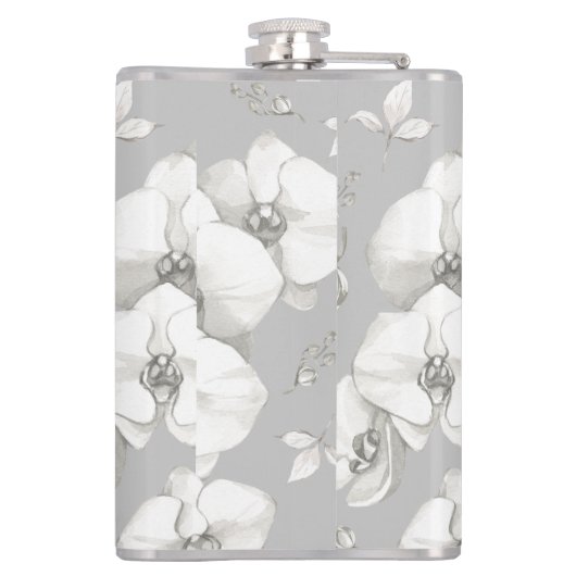 Weißer Orchid auf Grau | Flachmann (Rückseite)