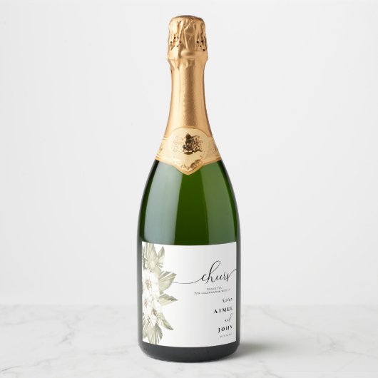 Weißer Orchid Gastgeschenk Hochzeit Sparkeln Weink Schaumweinetikett (Vorderseite)