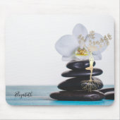 Weißer Orchid, Zen-Steine, Goldbaum-Silhouette Mousepad (Vorne)