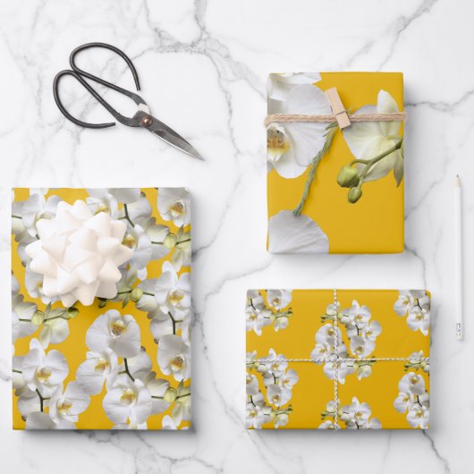Weißer Orchideen Gelb Gold Umhüllungspapierblätter Geschenkpapier Set (Vorderseite)