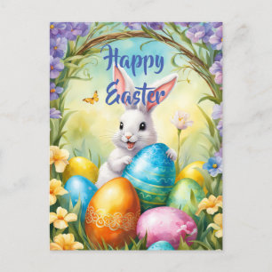 Weißer Osterhase mit bunten Eiern Postkarte
