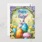Weißer Osterhase mit bunten Eiern Postkarte (Vorne/Hinten)