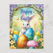 Weißer Osterhase mit bunten Eiern Postkarte (Vorderseite)
