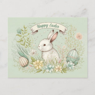 Weißer Osterhase mit Salbei-Blumenbanner Postkarte