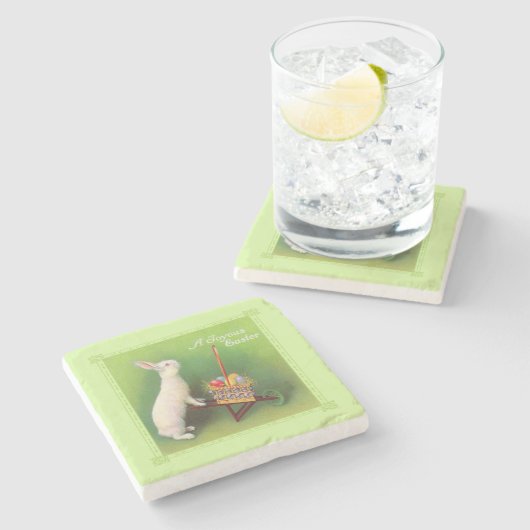 Weißer Osterhasen-Körbchen-Eier Steinuntersetzer (Seitenansicht)