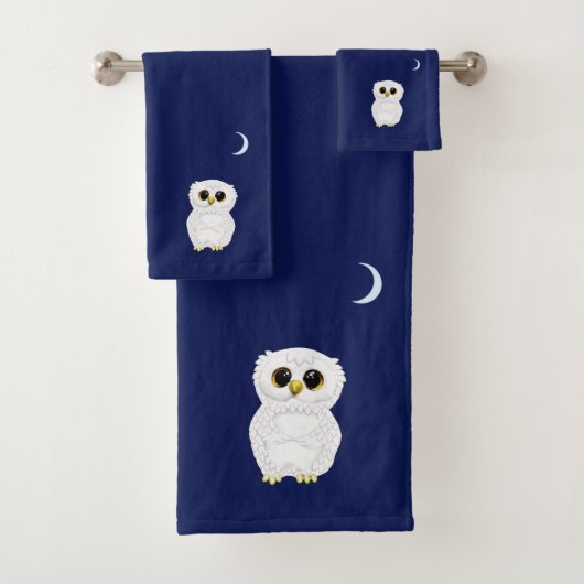 Weißer Owl & Crescent Moon auf Navy Blue Badhandtuch Set (Insitu)