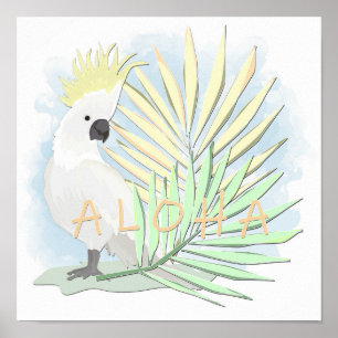 Weißer Papageienkakadu in palmenfarbenen Blätter. Poster