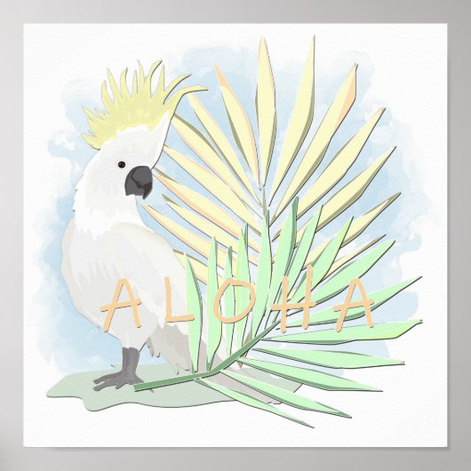 Weißer Papageienkakadu in palmenfarbenen Blätter. Poster (Vorne)