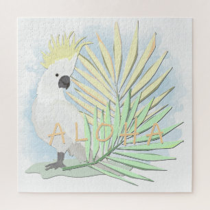 Weißer Papageienkakadu in palmenfarbenen Blätter. Puzzle