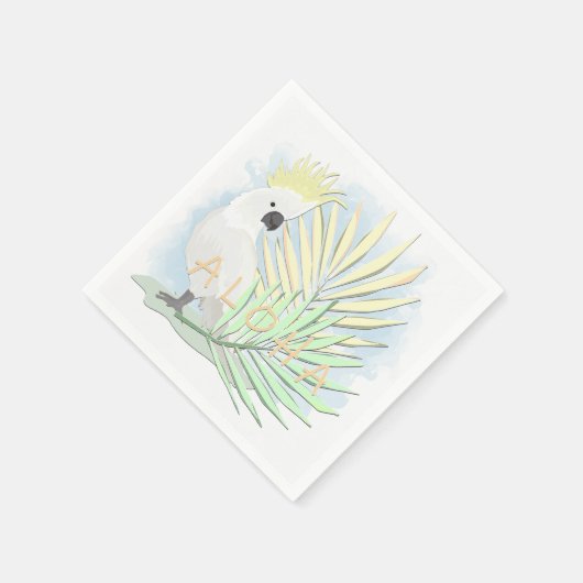 Weißer Papageienkakadu in palmenfarbenen Blätter. Serviette (Ecke)