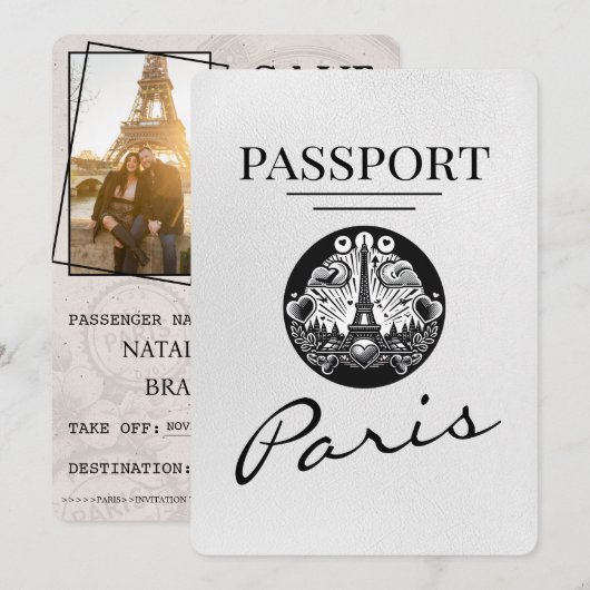Weißer Paris Reisepass Save The Date (Vorne/Hinten)