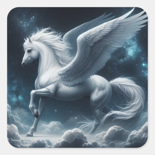 Weißer Pegasus gegen den dunklen blauen Himmel Quadratischer Aufkleber (Vorderseite)