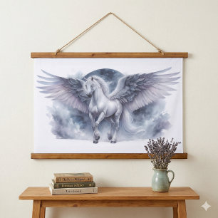 Weißer Pegasus mondbeschienene Flügel himmlischer Wandteppich Mit Holzrahmen