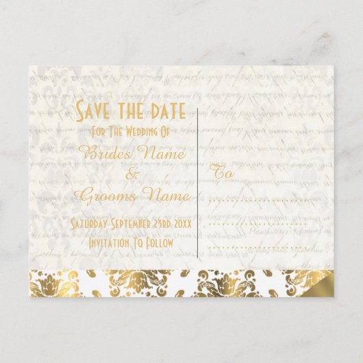 Weißer Pergamentdamast Save the Date Ankündigungspostkarte (Rückseite)