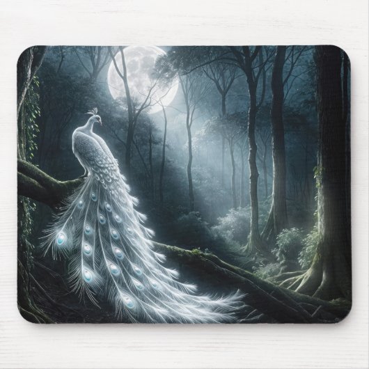 Weißer Pfau im Moonlit-Wald Mousepad (Vorne)