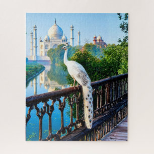 Weißer Pfau mit Blick auf den Taj Mahal Puzzle
