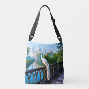 Weißer Pfau mit Blick auf den Taj Mahal Tragetaschen Mit Langen Trägern