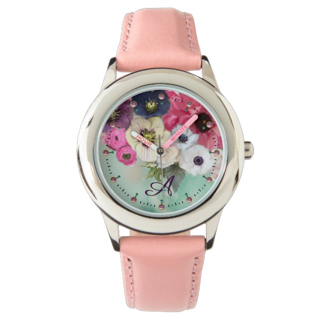 WEISSER PINK FUCHSIA ROSE, ANEMON-BLUME MONOGRAMM ARMBANDUHR (Vorderseite)