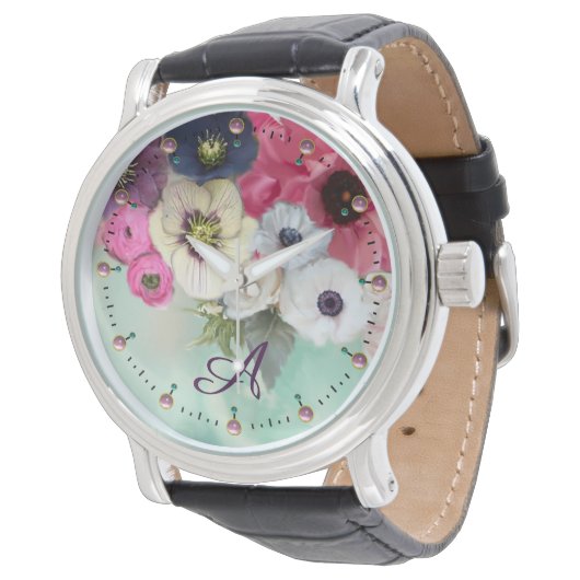 WEISSER PINK FUCHSIA ROSE, ANEMON-BLUME MONOGRAMM ARMBANDUHR (Schrägansicht)