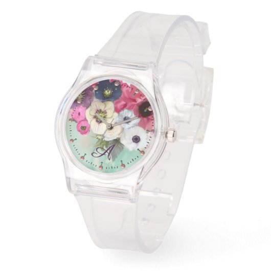 WEISSER PINK FUCHSIA ROSE, ANEMON-BLUME MONOGRAMM ARMBANDUHR (Winkel)