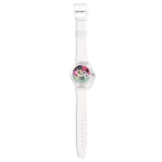 WEISSER PINK FUCHSIA ROSE, ANEMON-BLUME MONOGRAMM ARMBANDUHR (Riemen)