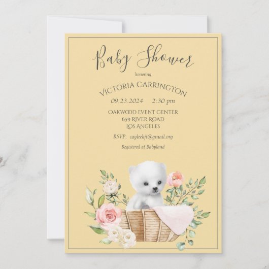 Weißer Polar Bär Aquarell Gelbe Babydusche Einladung (Vorderseite)