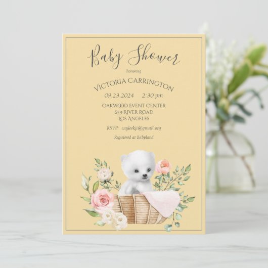 Weißer Polar Bär Aquarell Gelbe Babydusche Einladung (Stehend Vorderseite)