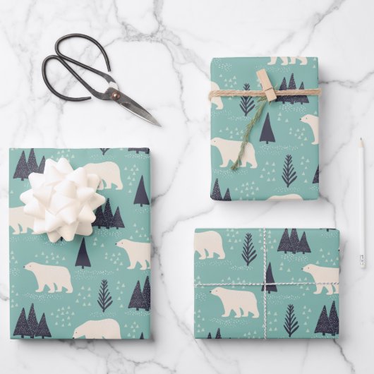 Weißer Polar Bären Evergreen Trees im Schnee Geschenkpapier Set (Vorderseite)