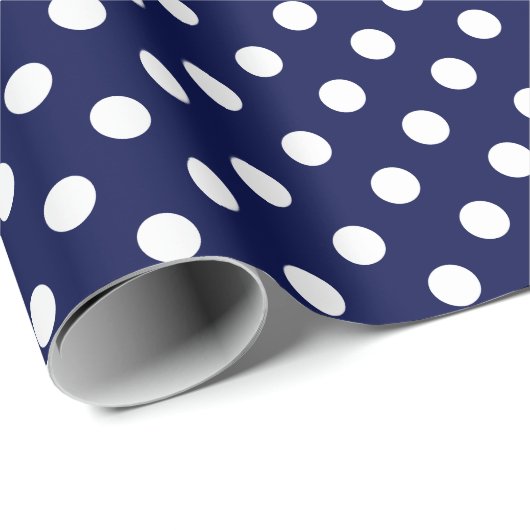 Weißer Polka-Dot auf dem Navy Blue Medium Space Geschenkpapier (Rolleneckpunkt)