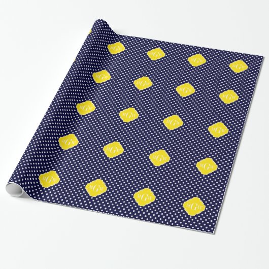 Weißer Polka Dots Gelbes Quatrefolien 3 Monogramm Geschenkpapier (Ungerollt)