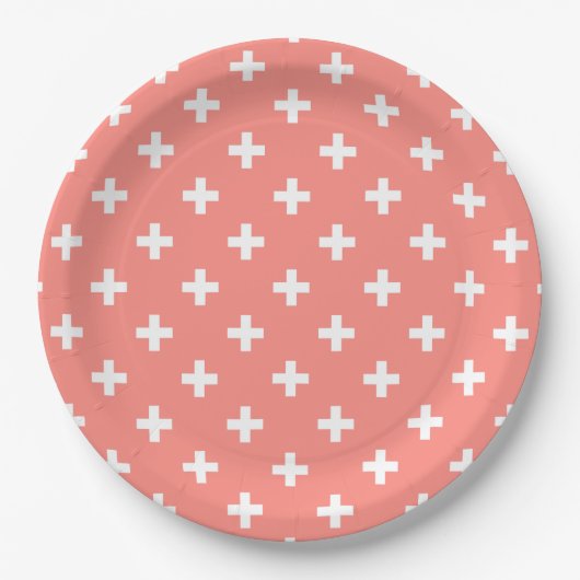 Weißer Polka-Kreuz auf Pfirsich Pappteller (Vorderseite)