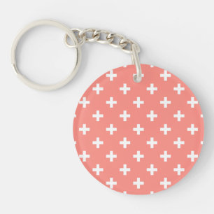 Weißer Polka-Kreuz auf Pfirsich Schlüsselanhänger