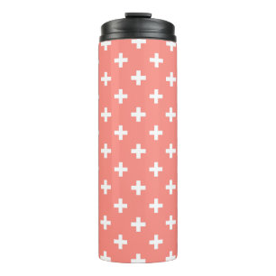 Weißer Polka-Kreuz auf Pfirsich Thermosbecher