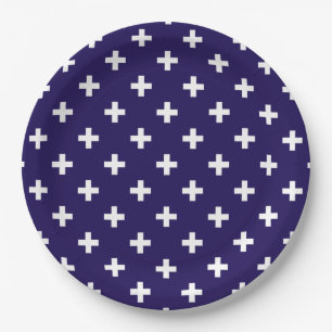 Weißer Polka kreuzt auf marineblau Pappteller