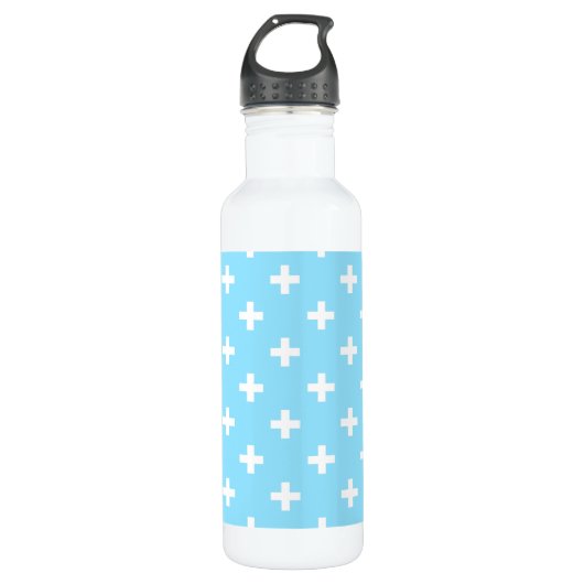 Weißer Polka kreuzt in Babyblau Edelstahlflasche (Vorderseite)