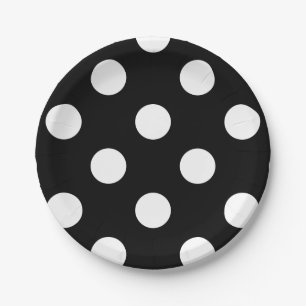 Weißer Polka-Punkt auf schwarzem Muster Pappteller